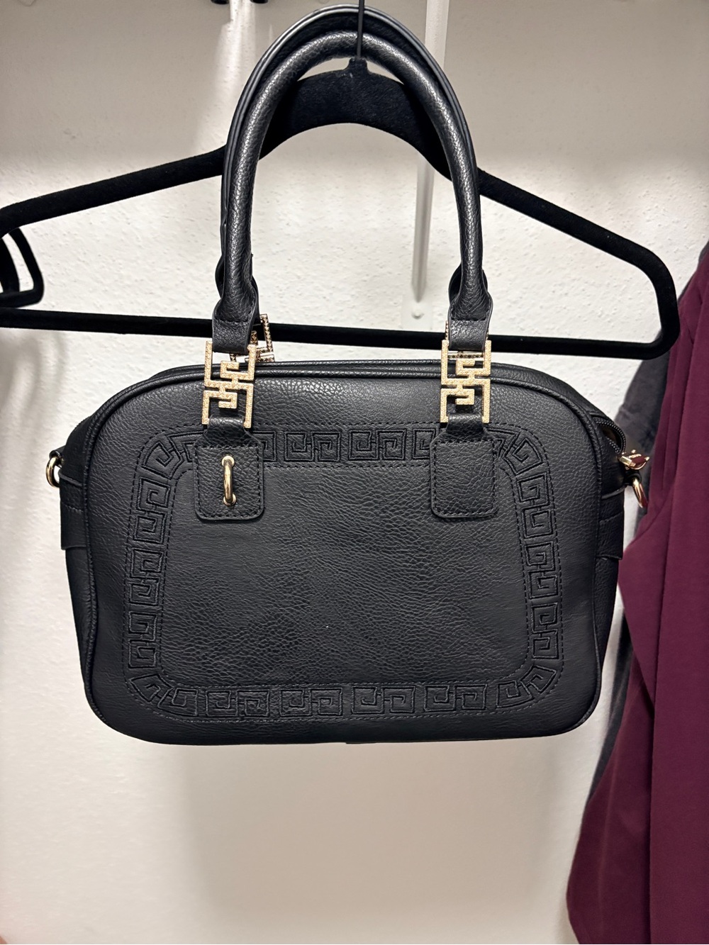 Black Embossed Leather Satchel with Gold Hardware. Crossbody strap included
